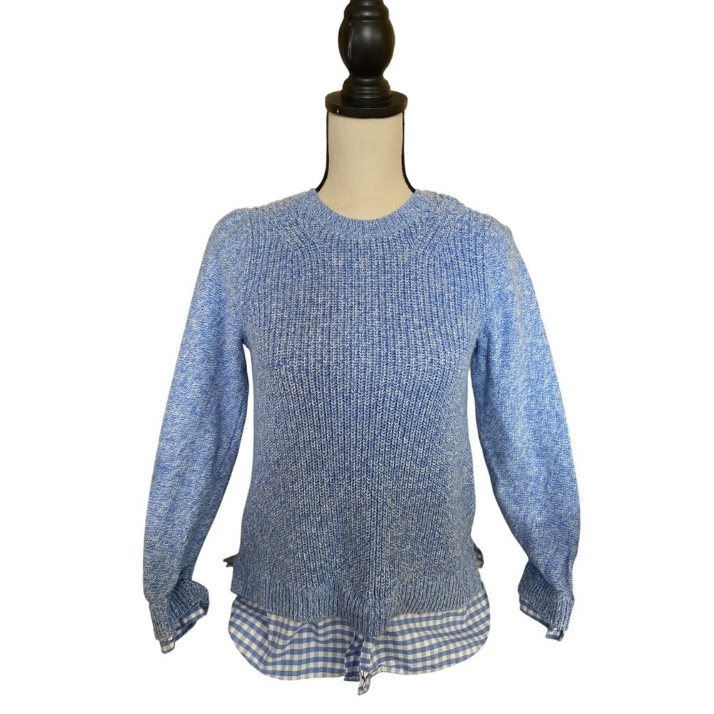 Talbots Sweater Womens M Blue Knit Gingham Hem Pima Cotton Phoebe Buffay